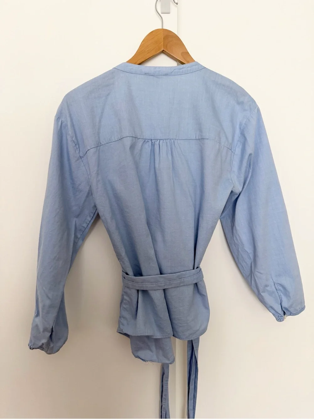 J. Crew Sarah Wrap Top Oxford Powder Blue Long Sleeve Blouse Surplice Medium
